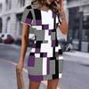 Fashion Womens Loose Meteor Grid Pattern Print O Neck Short Sleeve Loose Streetwear A-line Dress