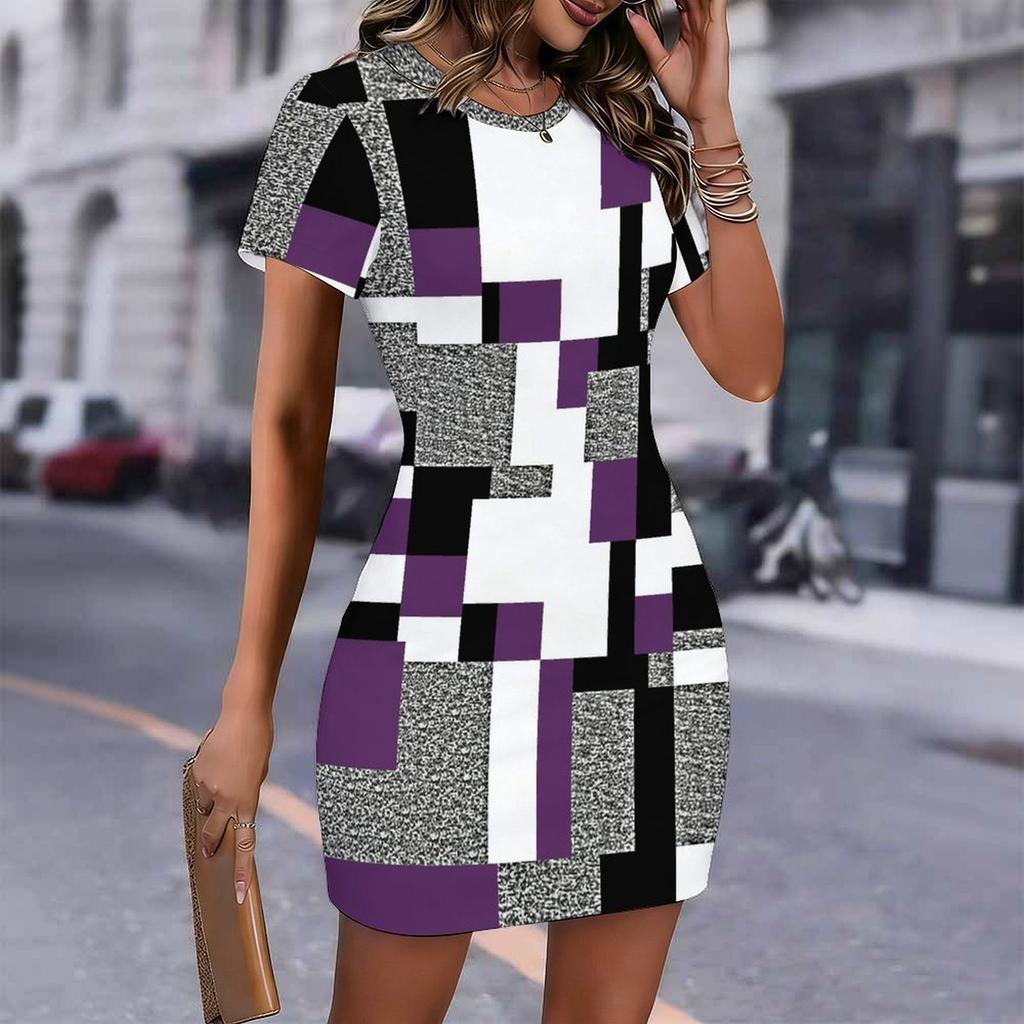 Fashion Womens Loose Meteor Grid Pattern Print O Neck Short Sleeve Loose Streetwear A-line Dress