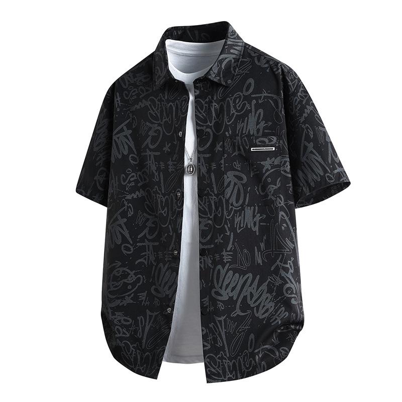 Men Loose Casual Short Sleeve Camouflage Print Street Style Shirt L чёрный