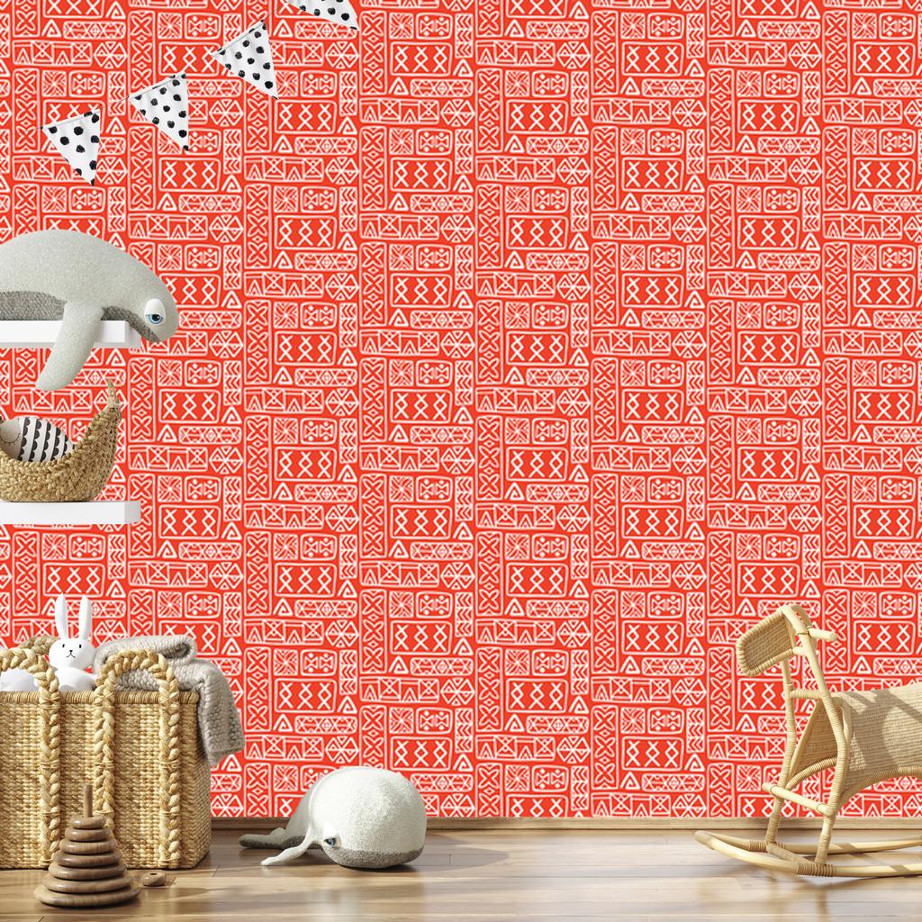 Polynesian Geometric Pattern Wallpaper Coral and Red 50x1000