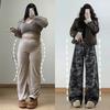Camouflage color design tooling jeans women's large-size women's clothing Spice Girl style new high street fat mm slim wide-leg pants
