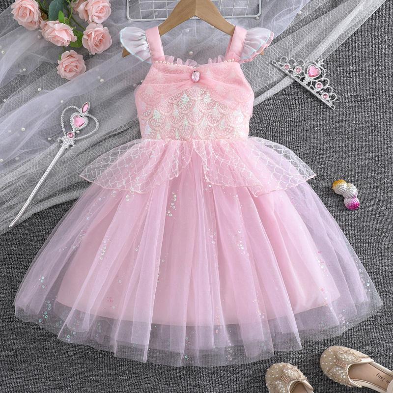 Girls Summer Sequin Mermaid Princess Dress Tulle Camisole Gown Butterfly Sleeve Party Birthday Cosplay Costume Children Kids Performance Outfit