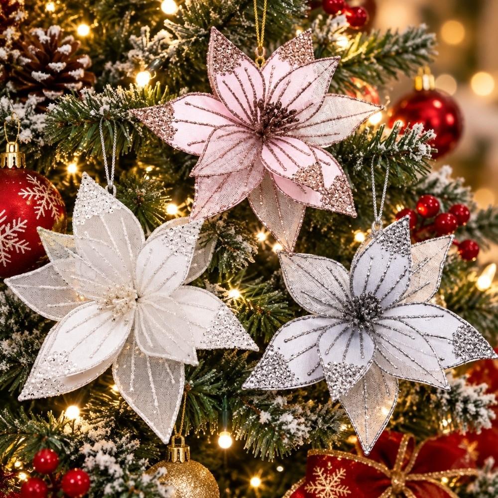Sparkling Artificial Poinsettia Flower DIY Simulation Flowers Sequins Flower  Wedding Decoration