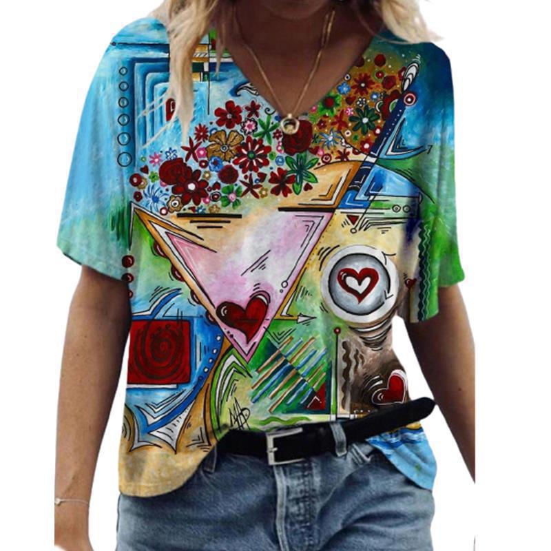 Women's T-shirt 3D Pattern Printed Casual Short Sleeved V-Neck Top Fashionable Street Women's Clothing