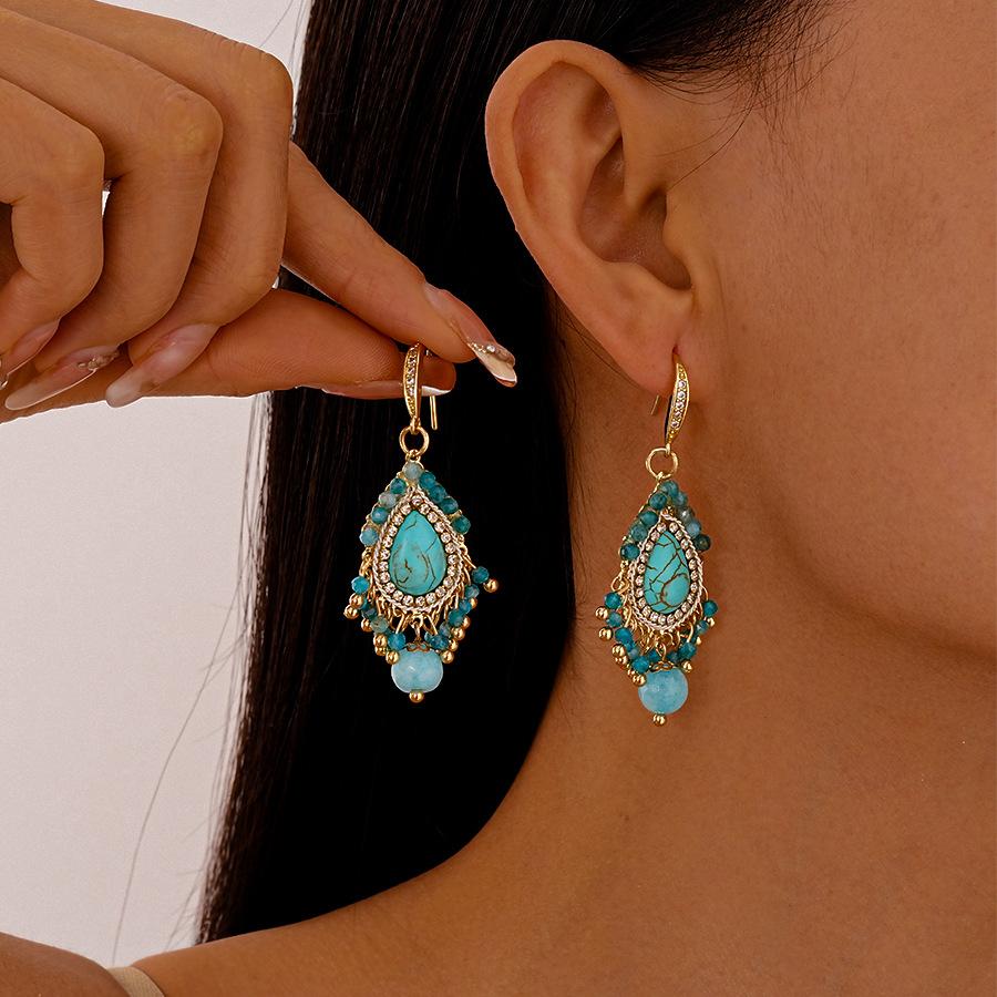 Simulation Pearl Turquoise Drop Earrings for Women Bohemian Ear Studs Party Accessory