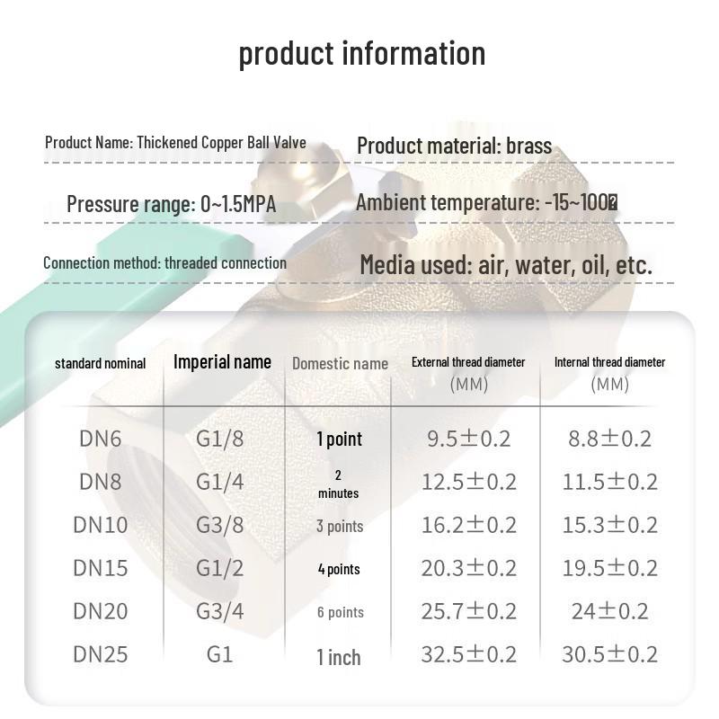 Copper DN20 Thickened Water Valve, Internal/External Thread, Pneumatic Ball Switch, 2-Point One-Piece Design
