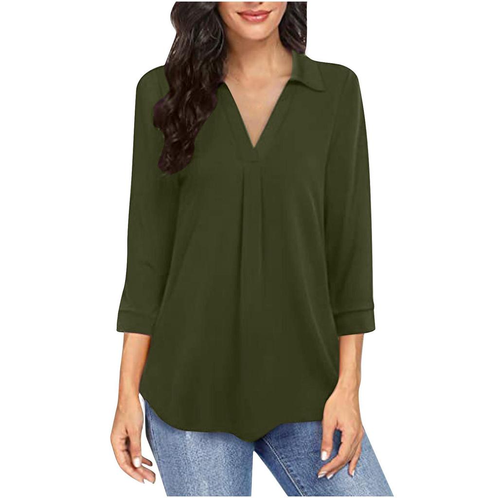 Elegant Women's Clothing Patchwork Solid-color V-neck Three-quarter Sleeve Shirt