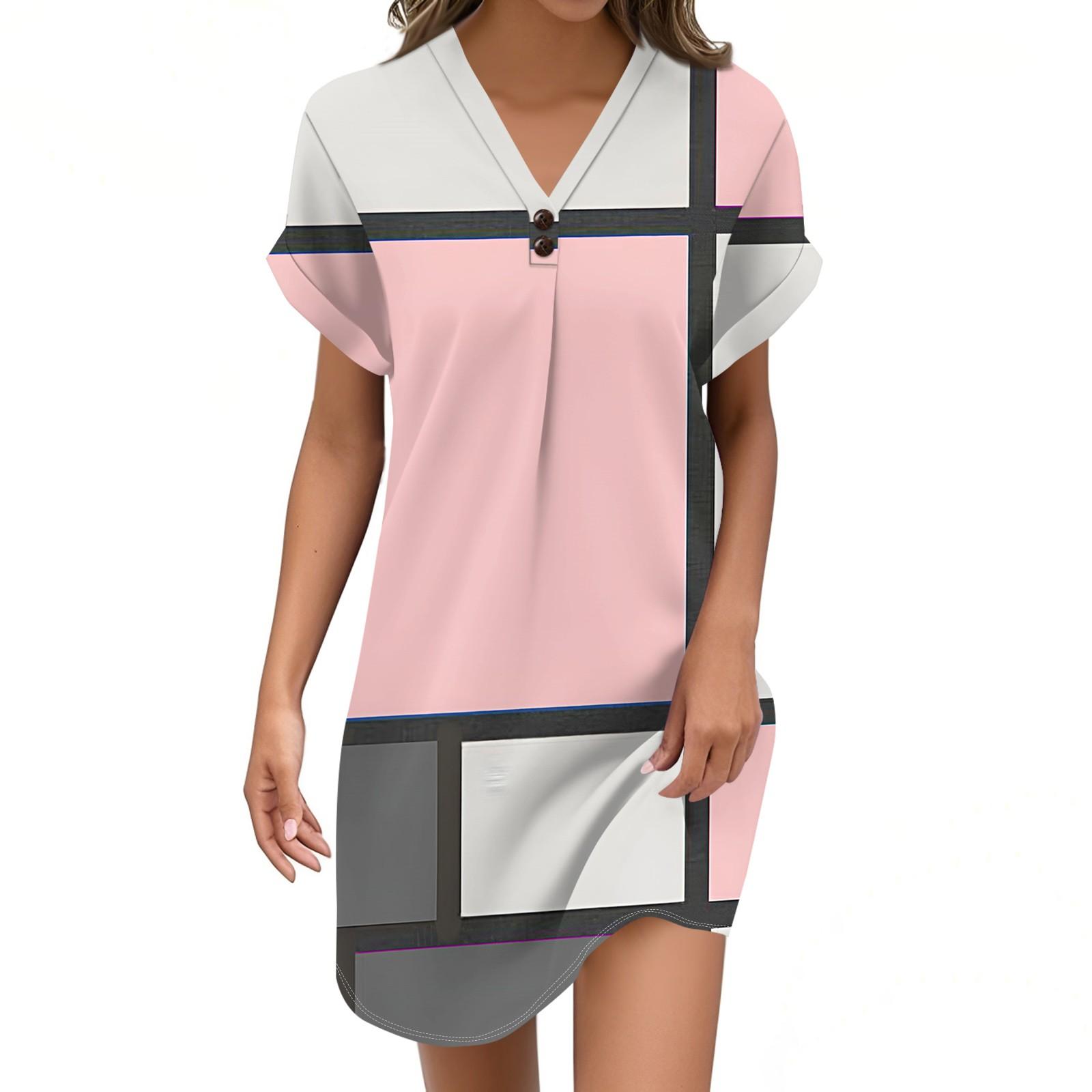 

Women s V-neck Vintage Color Block Stitching Print Pullovers Casual Button Dress S рожевий