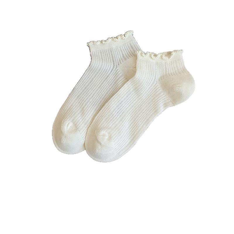 White Mesh Stockings - Summer Lightweight Lace Mid-calf Socks Without Bones - Postpartum Stockings with Low Heel and Shallow Opening