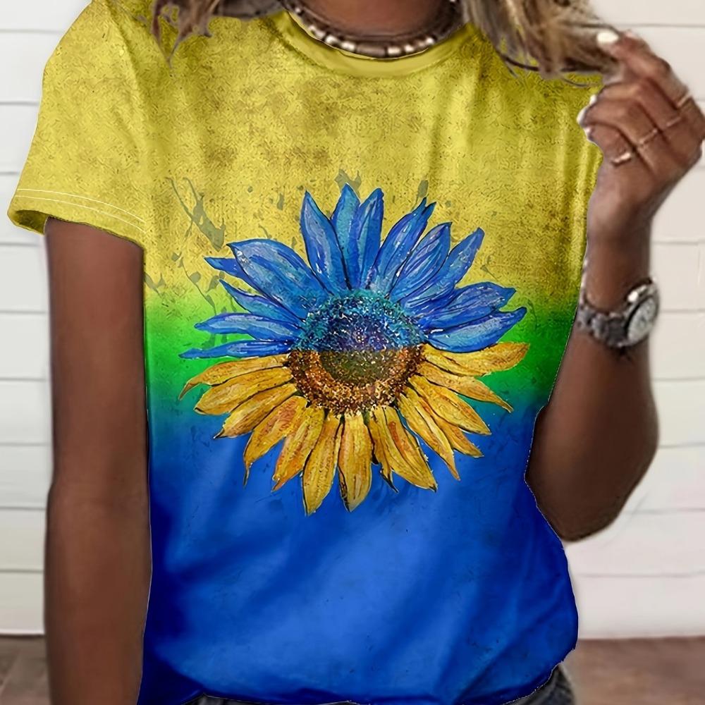 Gradient Color Block Sunflower 3D Printed Women's Short-sleeved T-shirt Summer Comfortable Casual Bottoming Top