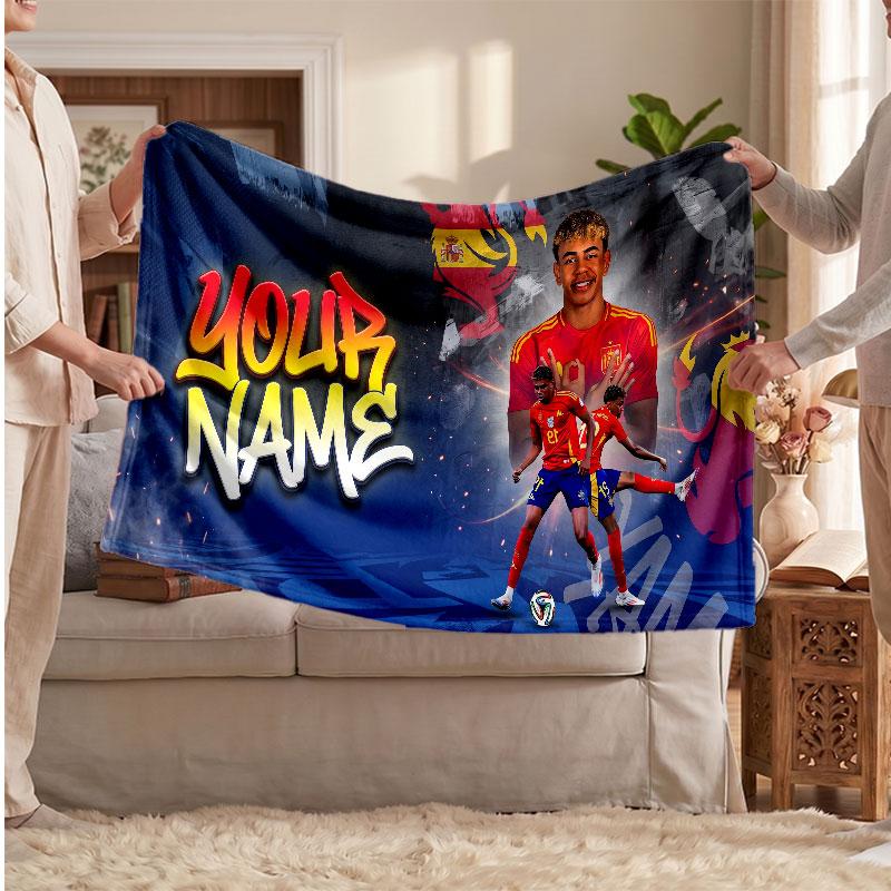 Coperta in pile personalizzata Lamine Yamal con logo del calcio, testo con nome personalizzato, morbida, calda, coperta da divano per la casa