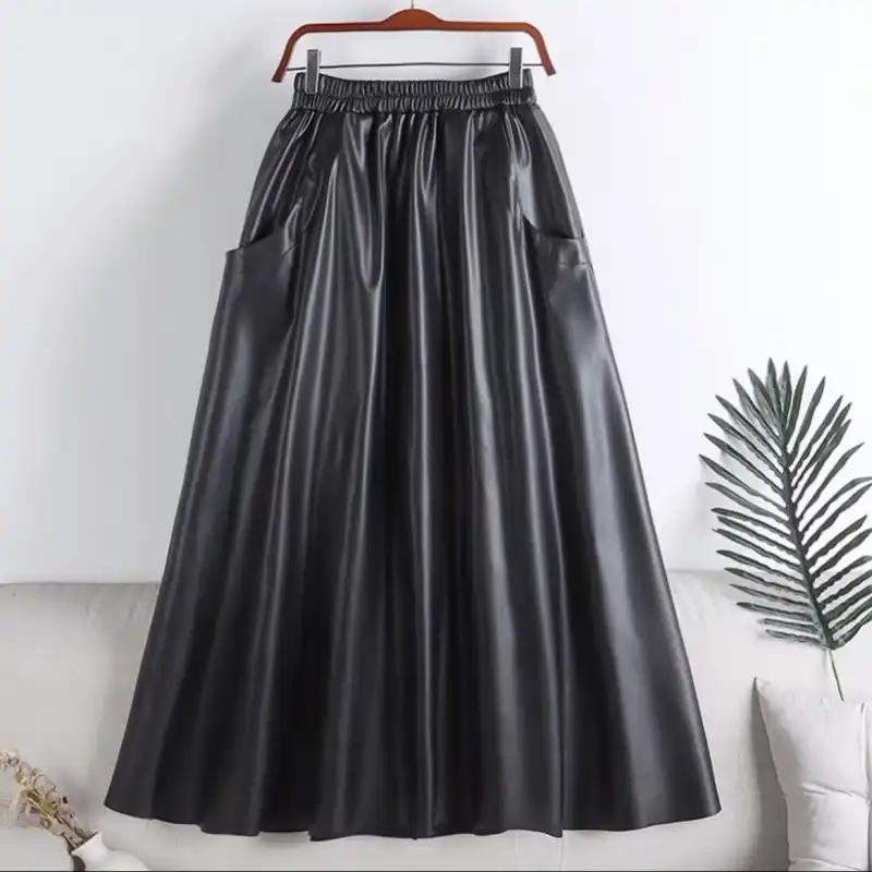 Leather Skirt for Women Casual Versatile Elastic High Waist Long Loose Trousers Solid Color Skirt