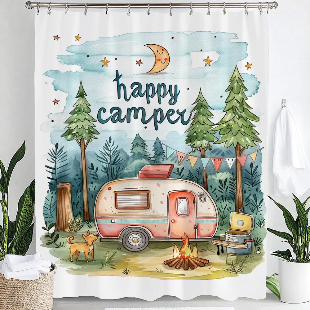 Happy Campers Cartoon Printing Shower Curtain Bathroom Decoration Curtain,Hanging Curtain With Hooks Machine Washable