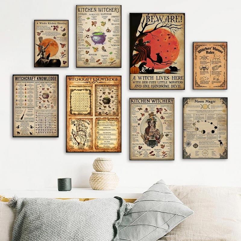 Plakat Wiedzy Magicznej Czarownic Vintage Prezent na Halloween Czarownictwo Obraz na Płótnie Sztuka Ścienna do Kuchni Dekoracja Domu do Dekoracji Pokoju