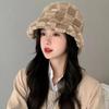 Faux Fur Women Bucket Hat Plaid Checkered Checkered Basin Hat Lamb Wool Fisherman's Hat  Travel