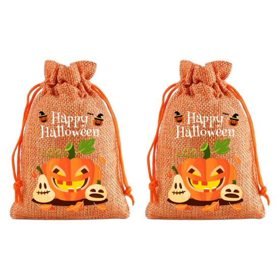 Handmade Style Party Bags 2Pcs Halloween Pumpkin Drawstring for Candy Treats, Retro Burlap Festival Totes Trick or Treat Bags, Portable Goodie
