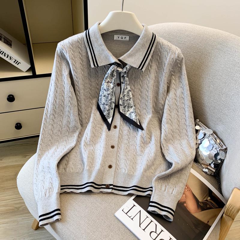 2025 Autumn/Winter Stylish Knit Cardigan with POLO Collar & Silk Scarf Bow Tie for Women