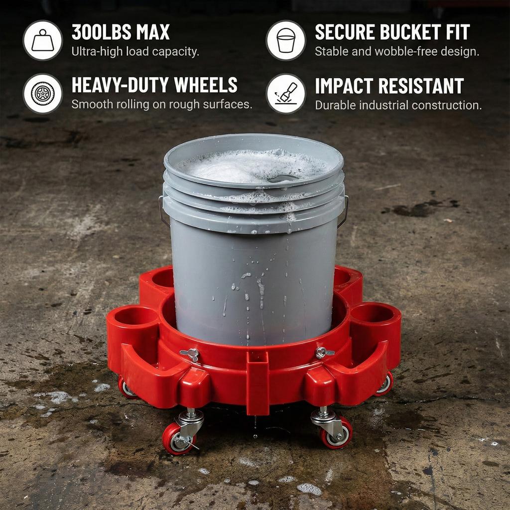 Rolling Bucket Dolly with 5 Wheels and 2 Locking Casters Heavy Duty Detailing Bucket Compatible with 3.5 To 5 Gallon Buckets
