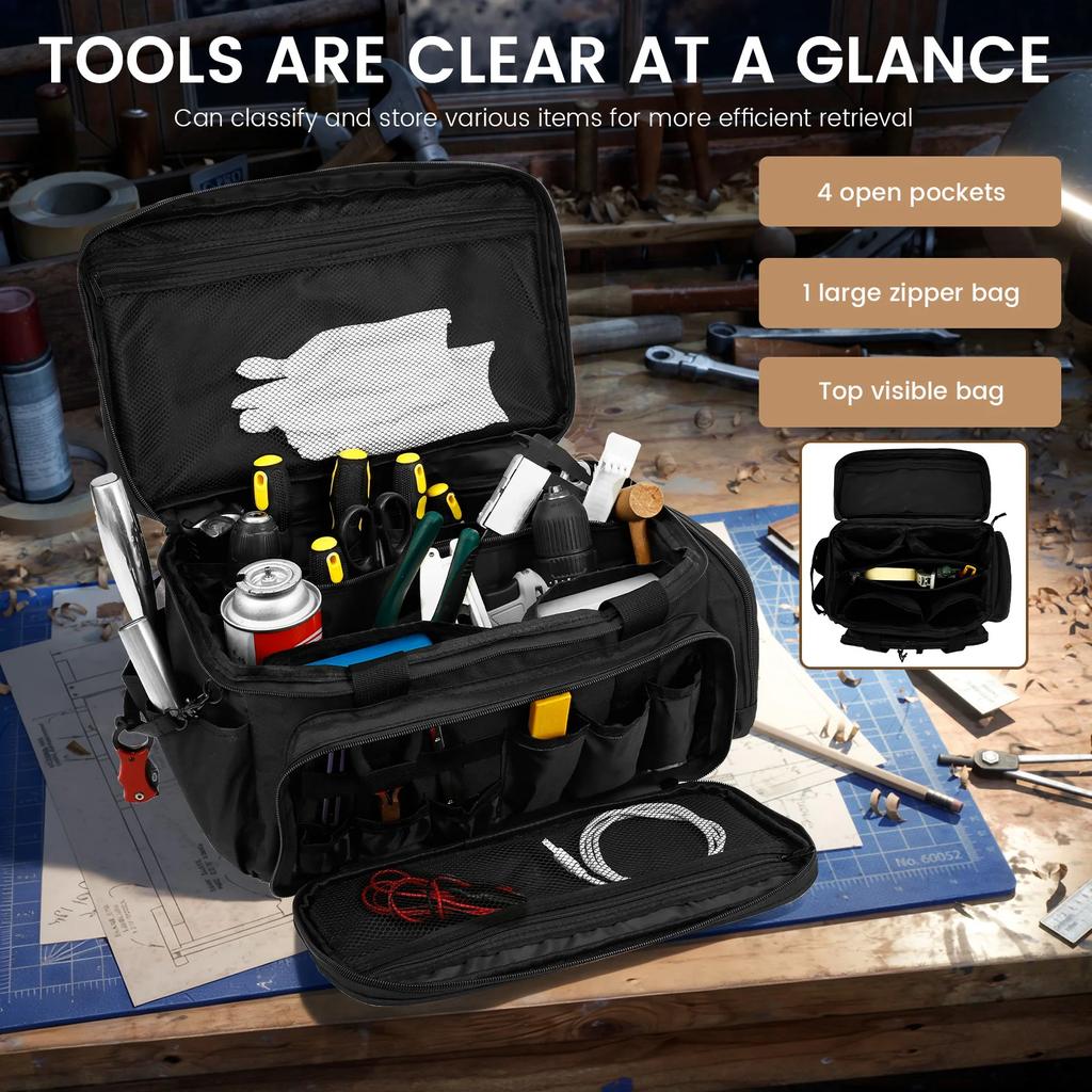 14Inch Multifunctional Tool Bag Thickened Large Capacity Waterproofed Wear-Resistant with Multi Pocket for Repairmen Electrician