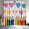 2Pcs Crayons & Pencils Curtains, Cute Love Doodle Beige Background For Bedroom Drapes
