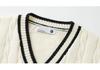 Unisex Retro Japanese Color Block V-neck Knit Vest, Basic Loose Sleeveless Sweater, Versatile Niche Style