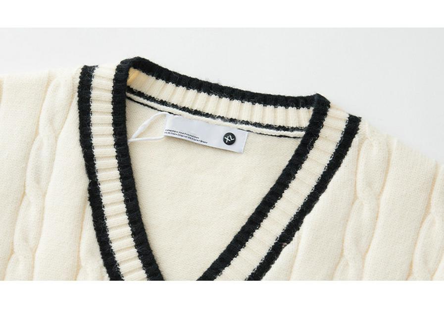 Unisex Retro Japanese Color Block V-neck Knit Vest, Basic Loose Sleeveless Sweater, Versatile Niche Style