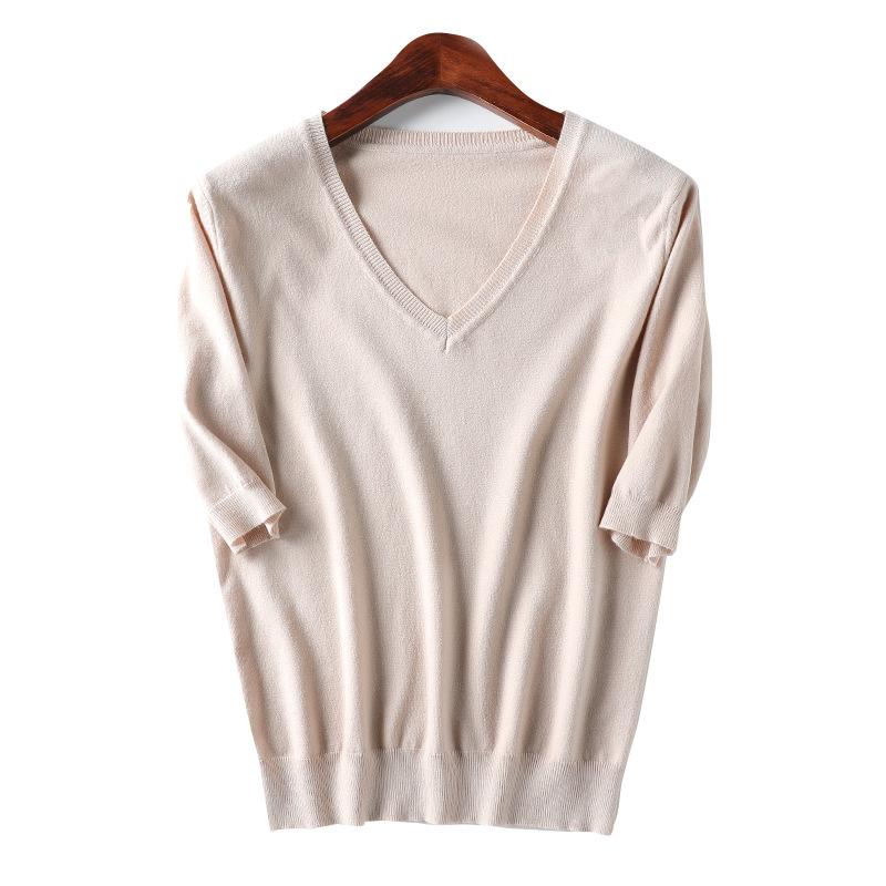 GMXIA Spring Summer Fashion Solid Color V-neck Pullover Knitted Sweater for Women
