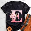 Pink Sakura Alphabet Shirts Gift for Women Letter S Floral Monogram Cartoon Tshirt Cherry Blossom Letters A B C D Casual Tops