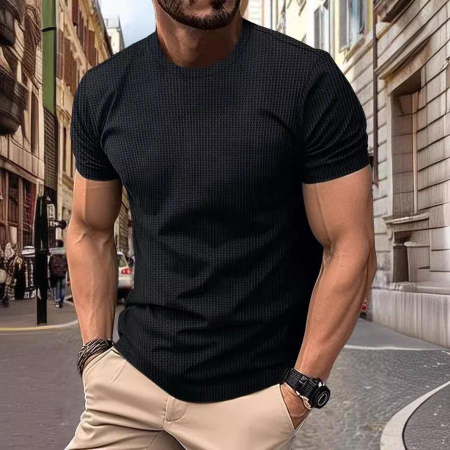 Mesh Iskald Silke Kortarmet T-skjorte for Menn Rund Hals Sommer Ensfarget Nylon Glatt Materiale T-skjorter