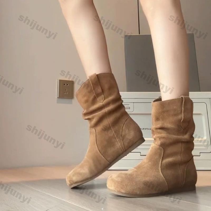 Fashion Retro Flats Pleated Design Slip on Western Ankle Boots for Woman Thick Heels Cowboy Booties Woman Round Toe Short Botas Mujer