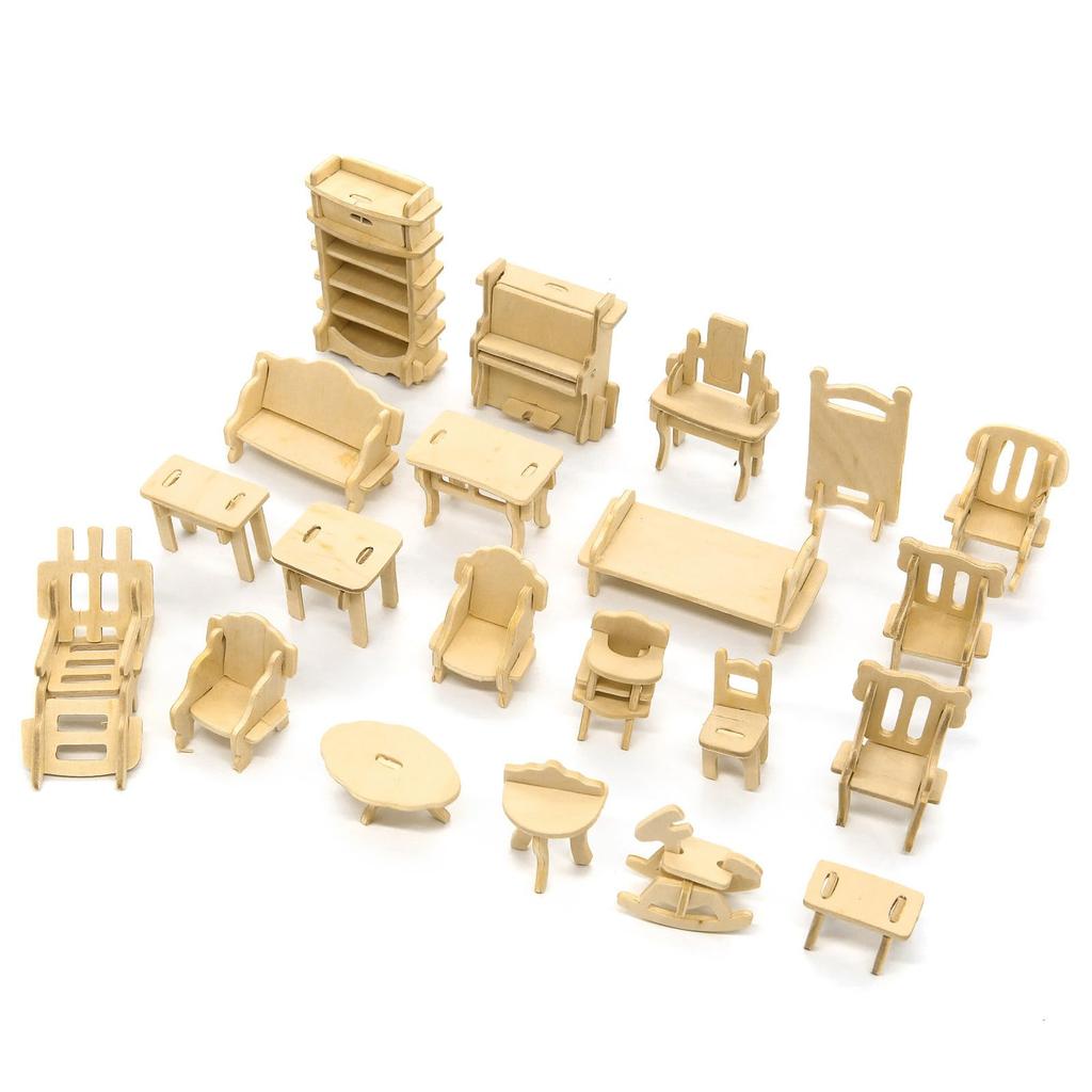 CUTEROOM Dollhouse Miniature Furniture 34-Piece Laser-Cut Wooden 3D Puzzle for Kids Educational Toy
