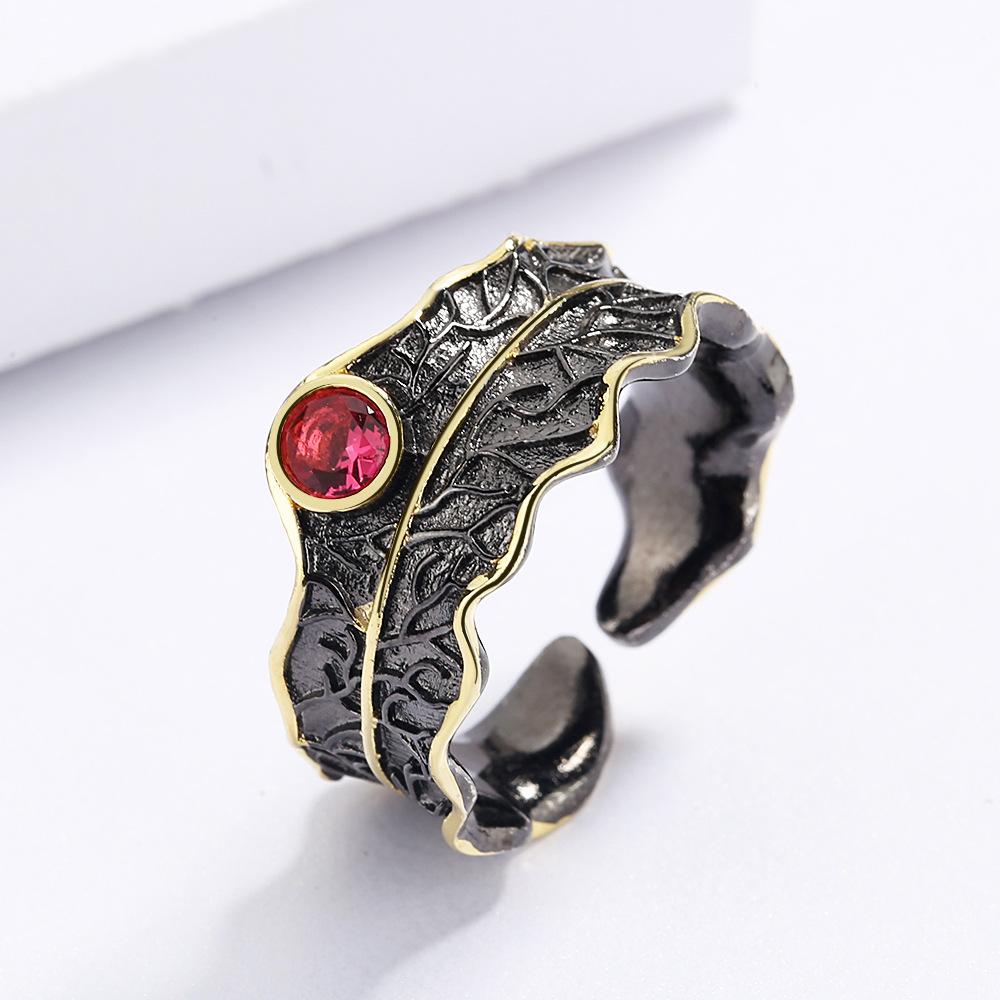 Natural Zircon Boutique Retro Style Open Ring Handmade Womens Black Gold Two Color Jewelry