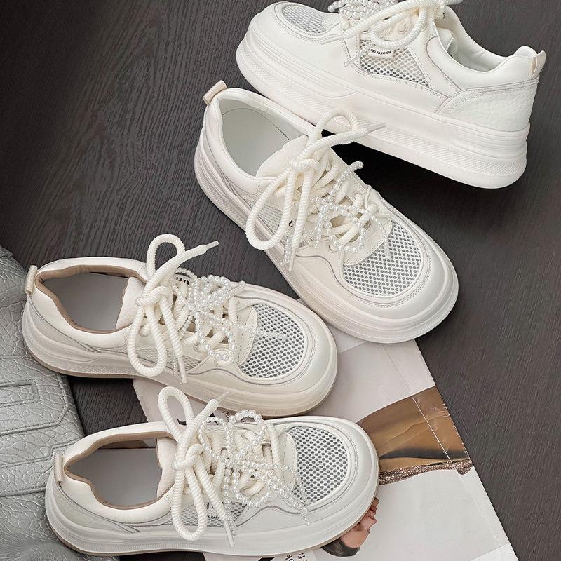 Bread Little White Shoes Women's Summer Thin Leather Mesh Breathable and Comfortable Versatile Casual Sports Thick Baseplate Shoes