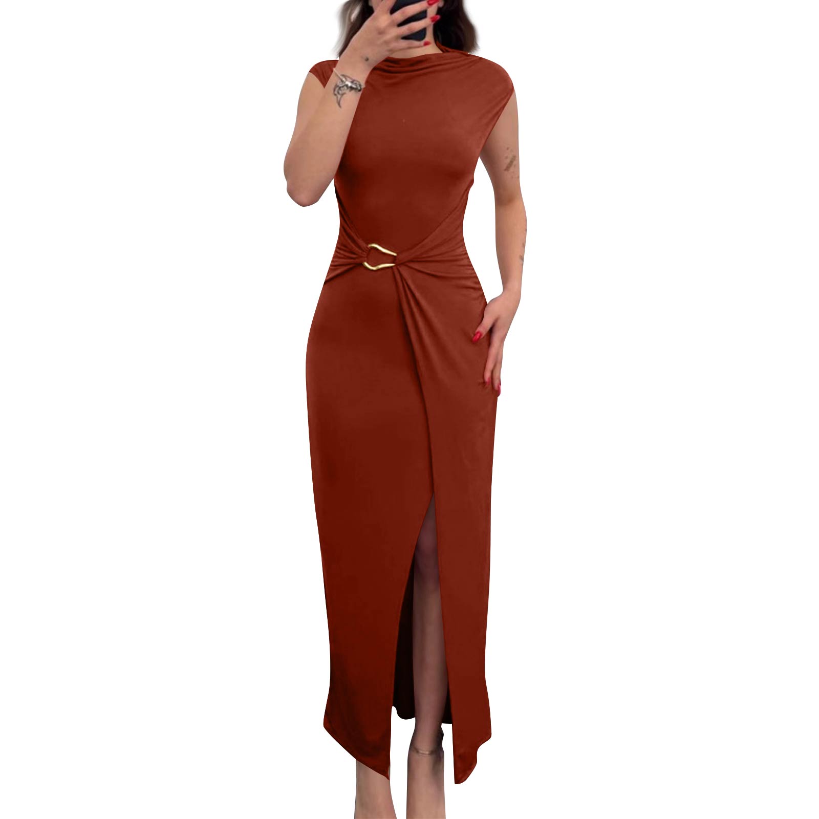 

Women s Summer Bodycon Dress Slim Fit Waist Design Sleeveless High Split Hem Elegant Midi Dress for Daily and Party Wear L помаранчевий