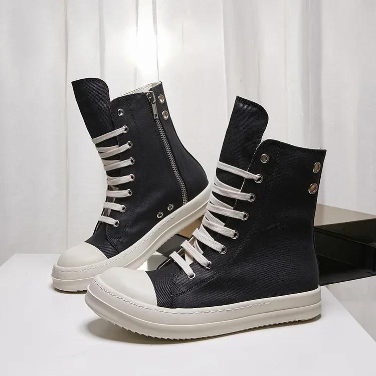 Ss Nowe Buty Męskie Casualowe Trampki High Top Jakość Czarne Botki Modne Zamek Metal Ow Platforma Płótno Płaskie Buty Uliczne