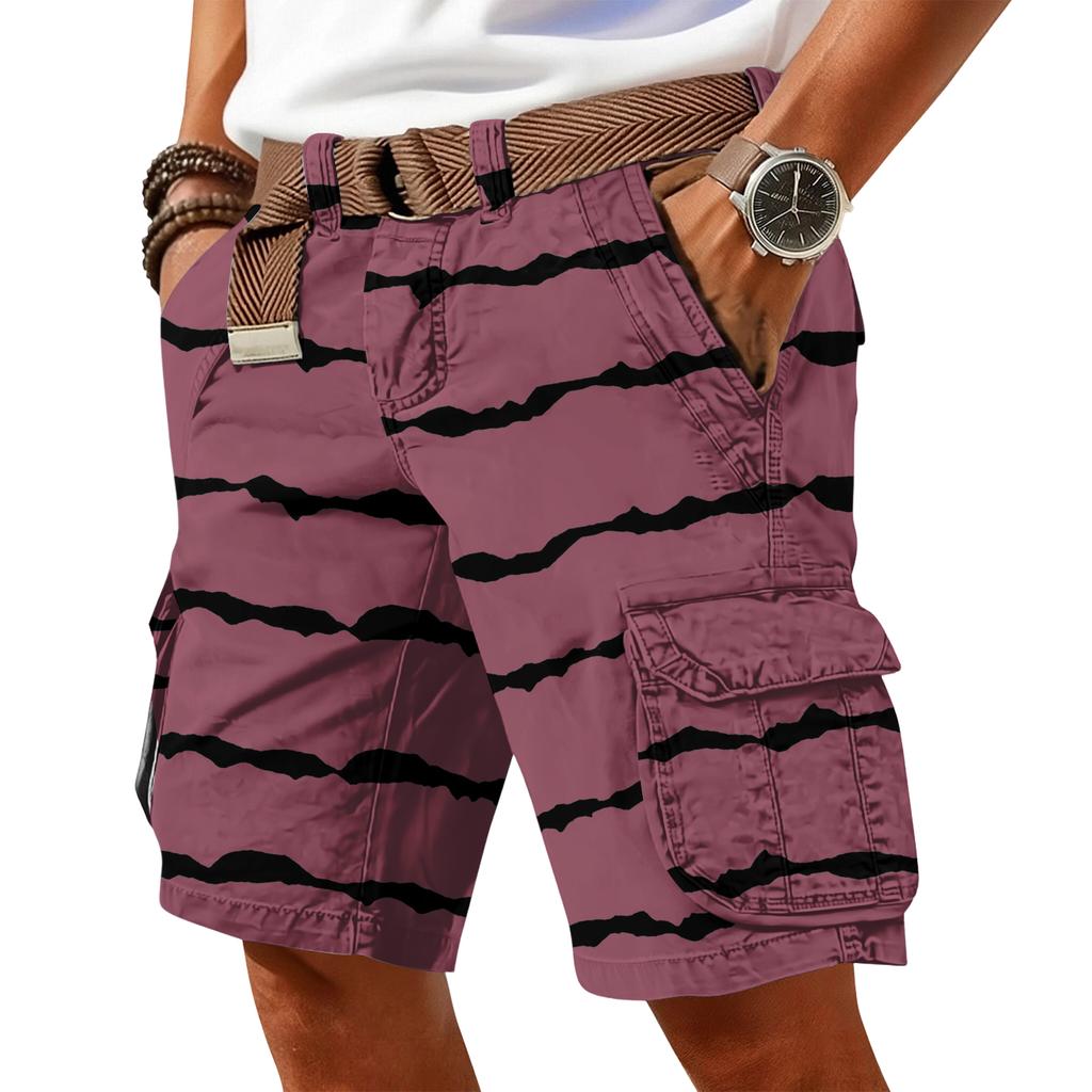 Men's casual trend striped printed short pants - Men's multi-pocket work- athletic shorts (without waistband)