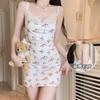 Women's Silky Floral Lace Trim Deep V Low Cut Sleep Dress Lounge Set