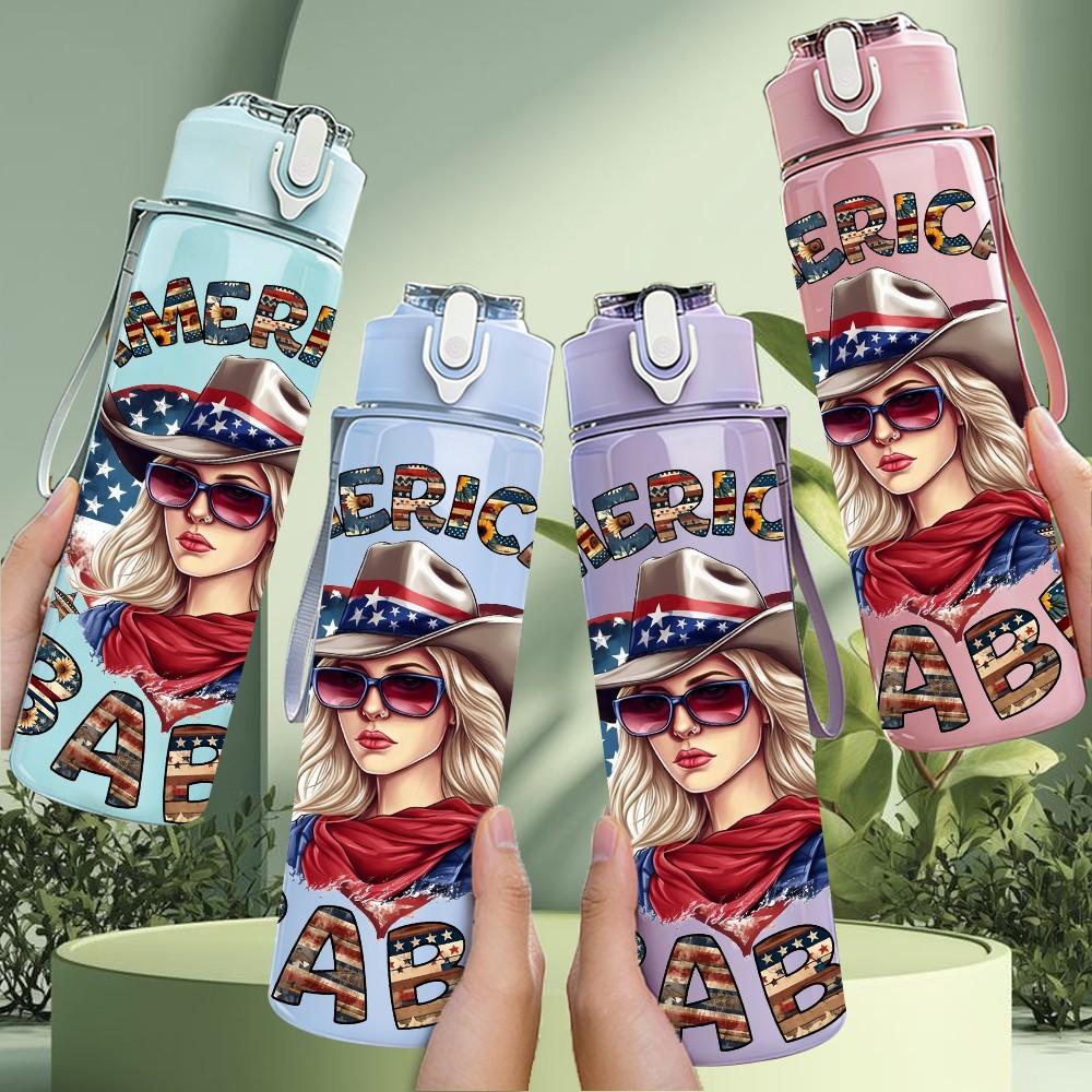 1PC American Cowgirl Babe Vintage Pattern 750ml Color Plastic Sports Water Bottle Leakproof Flip Straw Lid Suitable for Sports Office Home Use