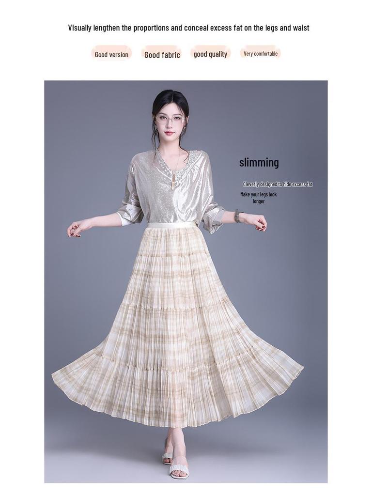 Elegant Spring 2026 Plaid Pleated A-line Skirt with Wide Hem