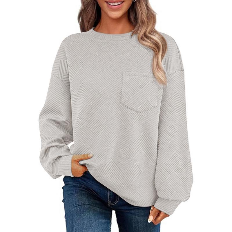 Autumn Winter Round Neck Solid Loose Casual Sweatshirt Women Long Sleeve Pocket Simple All-match Pullover Top