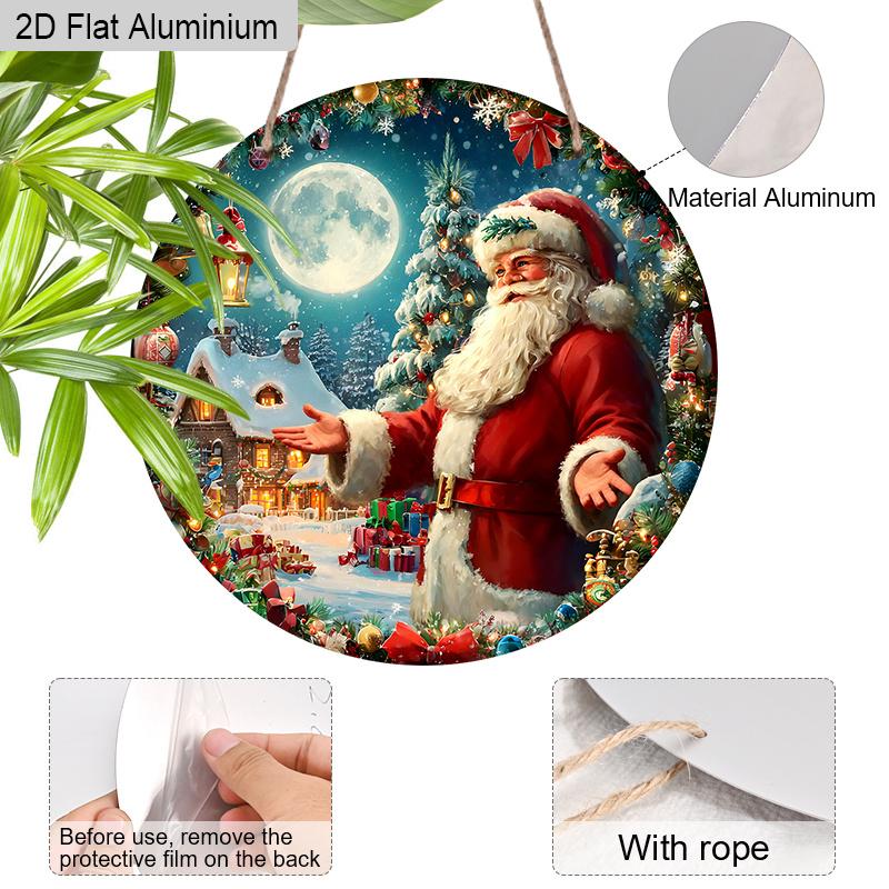 Panneau de Noël en Aluminium Coloré Plat 2D - Ornements Figurine Navidad avec Motif Père Noël & Couronne - Idéal pour Porte d'Entrée, Mur, Porche, Clôture