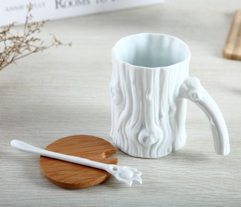 

Белая керамическая кружка в форме головы дерева с деревянной крышкой, ложка, большая емкость, стакан для воды, офисные кофейные кружки, молочные чайные чашки, послеобеденные чайные чашки 300 400ml