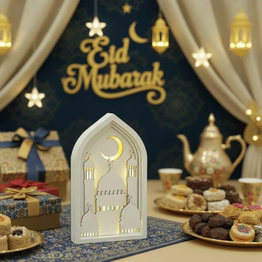 Moon Night Light Ornament LED Eid Wooden Decoration Lightweight Eid Desktop Ornament for Gifts