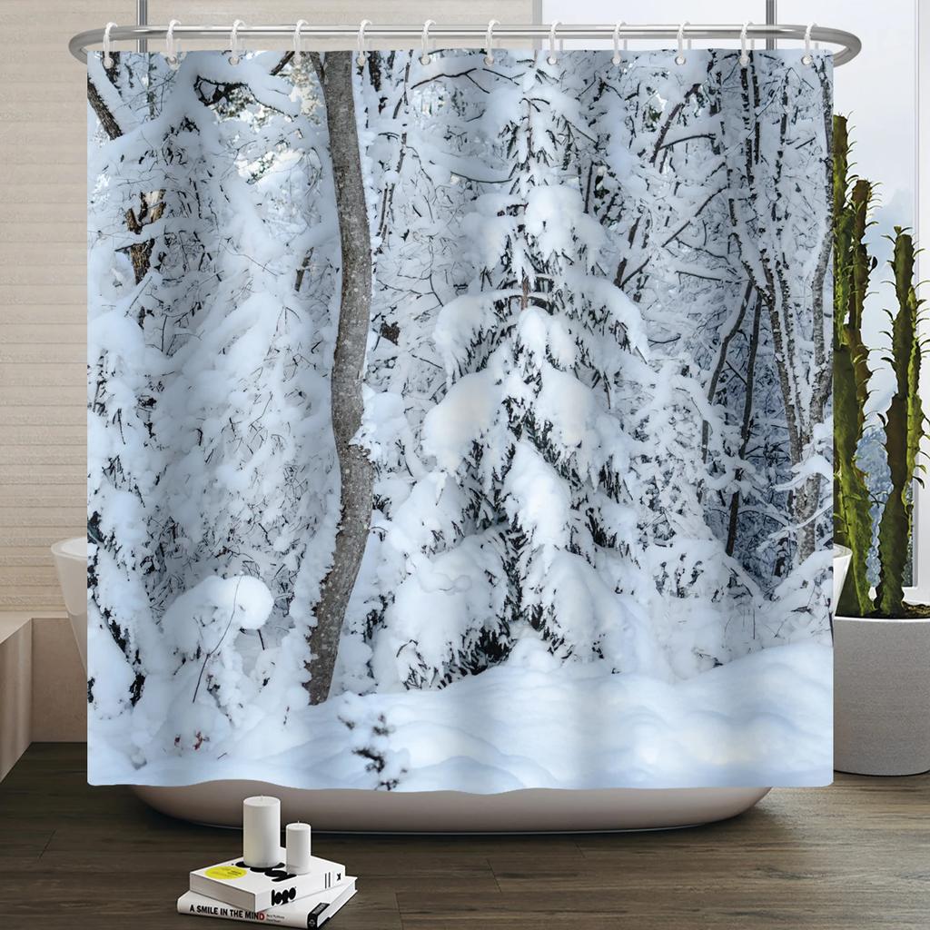 Winter Christmas Shower Curtains Natural Forest Snow Landscape Home Bathroom Curtain Waterproof Washable Bathtub Screen Decor