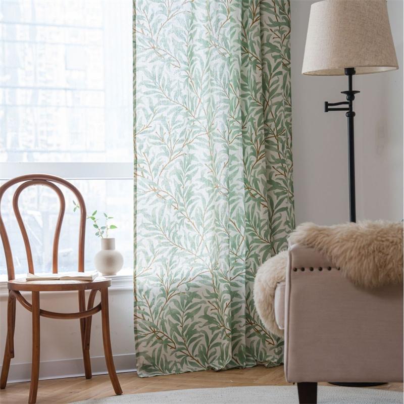 Botanical Leaf Print Curtains - Semi-Sheer Kitchen Valance & Bay Window Drapes | Ready-Made Light Filtering Sheers (Hooks/Rod Pocket)