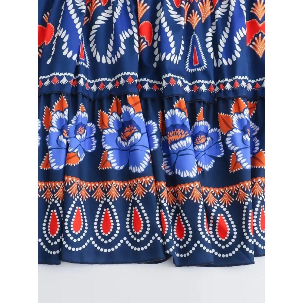 Vintage Print O-Neck Patchwork Maxi Dress Women Fashion Lantern Sleeves Loose Long Dresses Lady Casual Vacation Streetwear