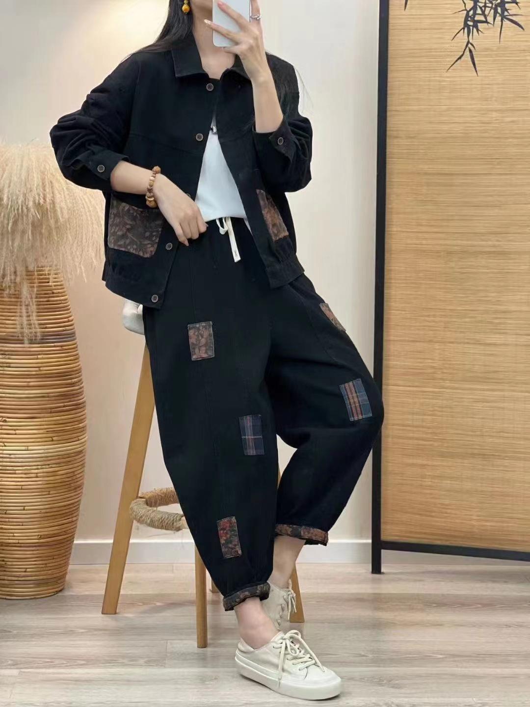 

Весна 2025 г. Женский свободный повседневный кардиган в корейском стиле в стиле пэчворк с длинными рукавами One Size чёрный