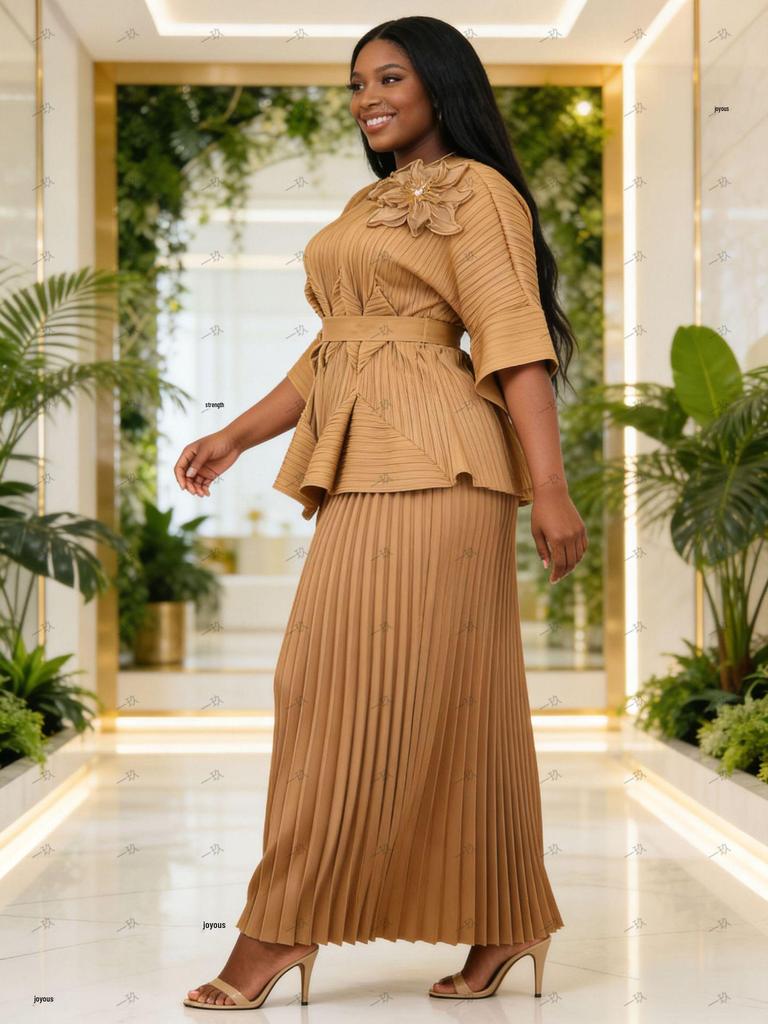 Miyaki Elegant Plus Size Embroidered Lace Two-Piece Set - Pleated Casual Women's Clothing
