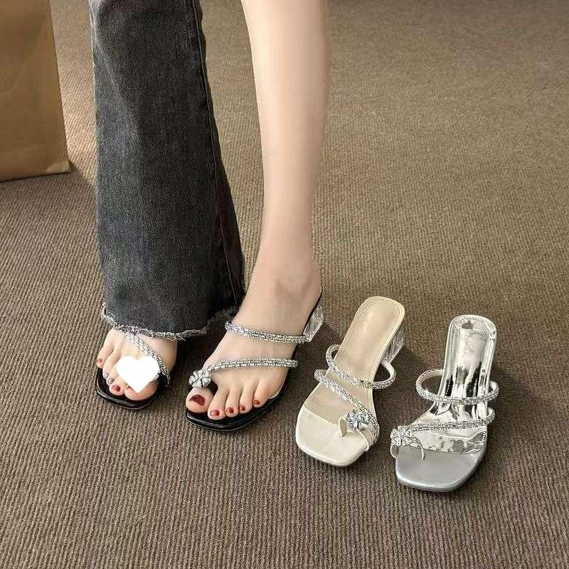 French Thick-heeled Sandals for Women To Wear 2025 Summer New Rhinestone Cool Slippers Versatile Toe Two Sandals