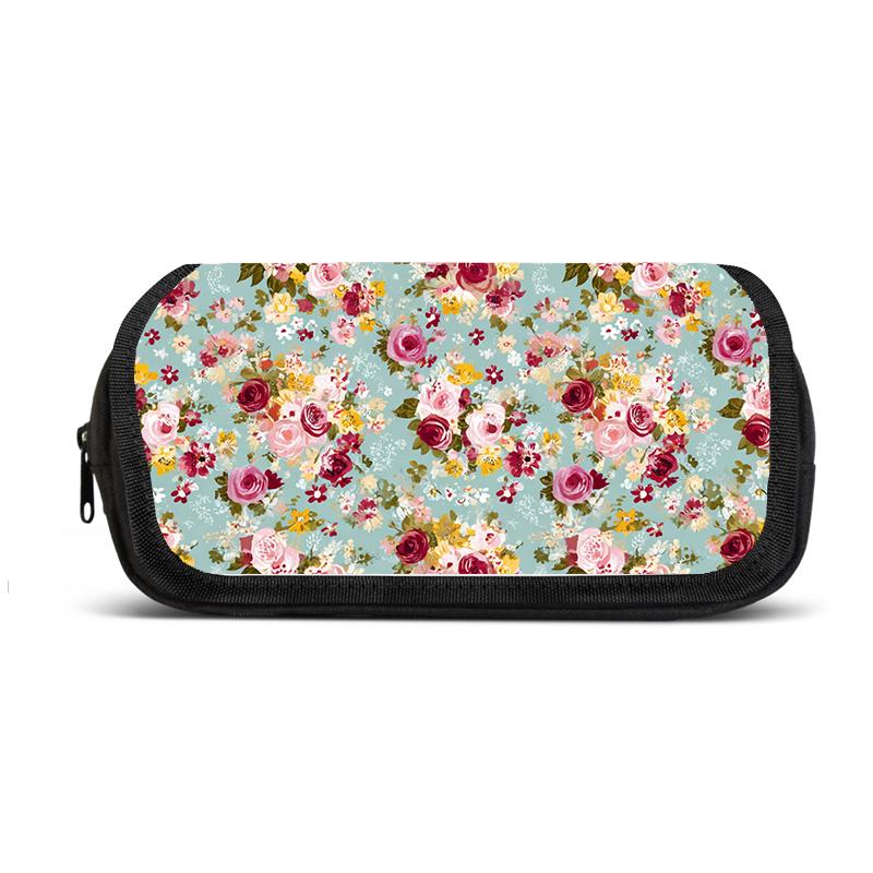 Estuche floral de gran capacidad - Dise?o floral elegante con rosas rosas, hojas verdes, cierre de cremallera, compatible con la escuela, la oficina,